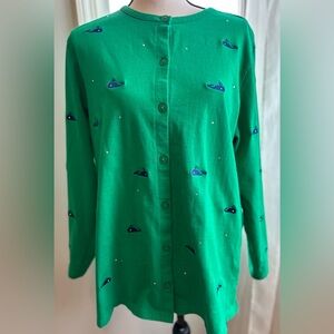 QUACKER FACTORY Vintage Whale Of A Tale Cardigan Kelly Green sz L